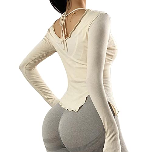 DREAM SLIM Women s Long Sleeve Workout Tops Sexy Slim Fit Ribbed Athletic Yoga Shirts Gym Running Workout T Shirts with Side Split (White, S)