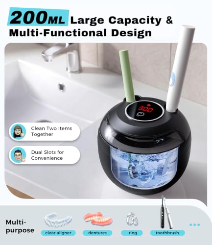 Image of Ultrasonic Retainer Cleaner Machine, 45kHz Deep Gentle Dental Cleaning Pod with 304 Stainless Steel Tank, 4 Cleaning Modes for Aligners, Dentures, Mouth Guards, Night Guards, Light Black