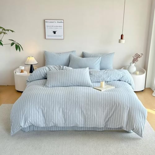 Image of PinkMemory Blue Striped Duvet Cover Set King 100% Washed Cotton Blue Stripes Bedding Duvet Cover Set with Streak Pillowcases-Ultra Soft Breathable Zipper Closure Corner Ties