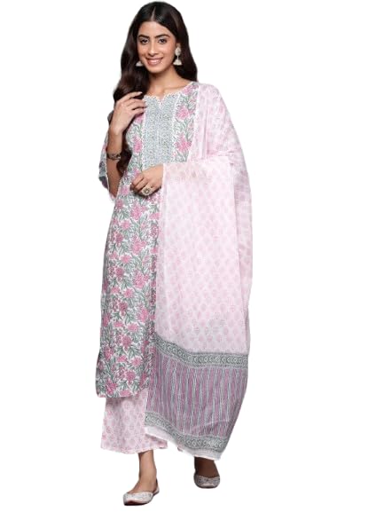 Image of Libas Printed Cotton Straight Kurta with Palazzo and Dupatta