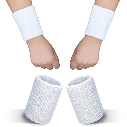 2 PCS Sweat Bands Wristbands, Elastic Cotton Sports Sweat Bands Reusable Wrist Wristbands Moisture Wicking for Men Women Gym Basketball Baseball Football Tennis Running Sport（8x10 cm White）