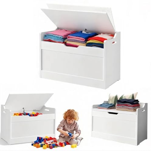 Vlihapy Toy Storage Chest with Lid and Safety Hinge, Large Wooden Blanket Box, White Storage Trunk Shoe Bench Seat, Toy Box for Living Room, Entryway, Bedroom, Hallway, 62.2x 40x 46cm, White