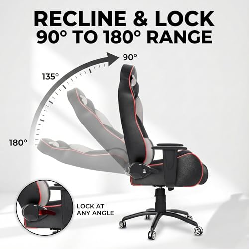 Image of ASE GAMING Gold Series Ergonomic Gaming Chair Premium PU Leather, Adjustable Neck & Lumbar Pillow, 180 Degree Recline with Black Metal Base with 3 Years Warranty (Grey)