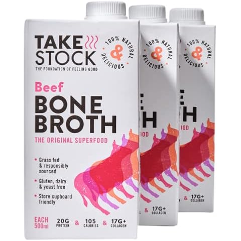 Beef Bone Broth by Take Stock | Grass-Fed, Non-GMO, Hormone-Free | High Collagen and Protein | Low Calorie and Fat | Keto, Paleo, Intermittent Fasting | Free From Gluten, Dairy, Yeast | 3 x 500ml Cover