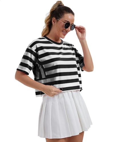 Image of HUGOOME Womens Oversized Workout Crop Top Casual Short Sleeve Boxy Roll Hem | Basic Half Split Sleeve Drop Shoulder Loose Yoga Running Gym Tee Cropped T-shirt Solid Trendy Relaxed Daily Tee