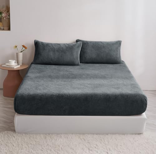 Image of VAS COLLECTIONS Luxury Warm Winter Elastic Fitted Bedsheet with 2 Pillow Covers - Ultra Soft Flannel Velvet Touch, Cozy & Wrinklefree lintfree Size - 78x72+10 Inches (Dark Grey)