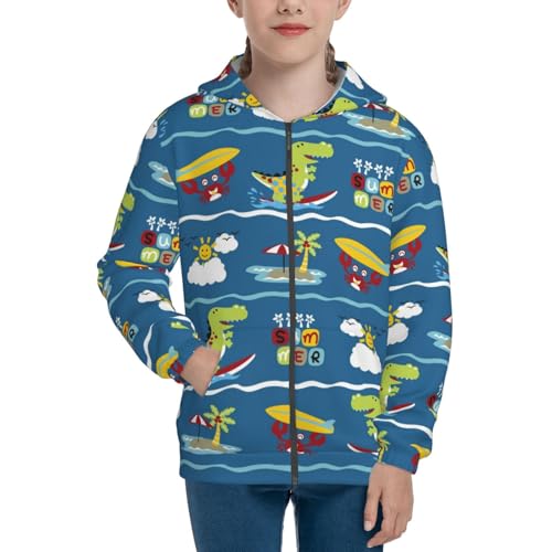Dinosaur on the Beach Vacation Kids Pullover Hoodies Boys Zip Up Sweatshirts Girls Athletic Clothes with Pocket3
