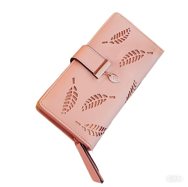 Mothers Day Gifts, Wallet Women, Pink Synthetic Leather Long Wallet with Elegant Hollow Leaf Design, Zipper Closure and Multiple Card Slots - Perfect for Daily use, Cute Wallet (Pink)