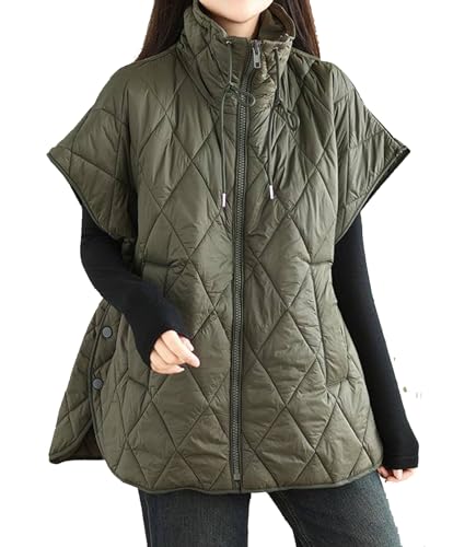 Womens Oversized Quilted Puffer Vest Cap Sleeve Stand Collar Zip Up Down Vest with Pockets