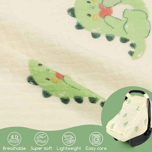 Image of Muslin Baby Car Seat Cover for Boys Girls, Infant Carseat Canopy with Breathable Mesh Peep Window, Summer Lightweight Sunshade Carrier Cover for Newborn, Green Dinosaur