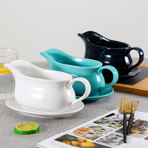Large Gravy Boat, 15 OZ Ceramic Sauce Boat with Tray &Ergonomic Handle, Fine Porcelain Gravy Bowl With Big Dripless Lip Spout For Gravy, Warming Sauces, Salad Dressings, MilK (Green) - Image 6