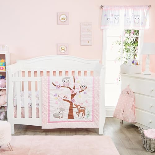 Image of EVERYDAY KIDS 4 Piece Girls Crib Bedding Set - Owls - Soft 100% Cotton Percale - Includes Quilt, Fitted Sheet, Dust Ruffle and Diaper Stacker - Nursery Bedding Set - Baby Crib Bedding Set