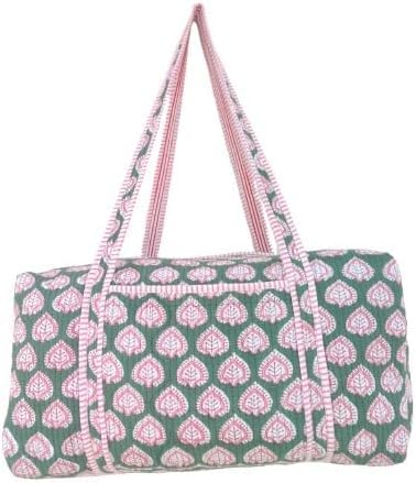 Hand Block Print Cotton Quilted Duffle Bag, Handmade Weekender Bag Decorative Colorful Travel Overnight Bag, Large Size Indian Floral Print Quilted Bags Gift For Her