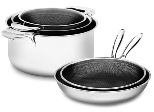 Set di 5 pezzi | 2 padelle da 24/28 cm e 3 pentole da 20/24/28 cm | Rivestite per induzione e tutti i piani cottura | antigraffio e senza PFAS