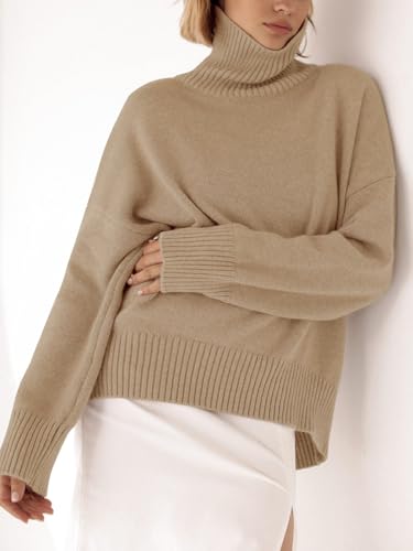 Image of YKR Women's Turtleneck Sweater Chunky Long Sleeve Knitted Pullover High Low Hem Sweater Jumper Top Darkapricot XXL