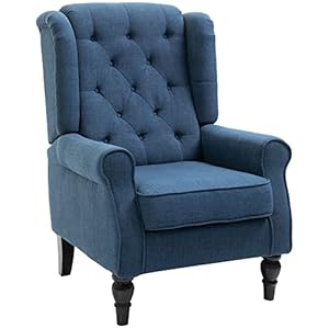 HOMCOM Fabric Accent Chair, Button Tufted Armchair, Upholstered Modern Living Room Chair, Wingback Chair with Wood Legs, Rolled Arms, Thick Padding for Bedroom, Blue