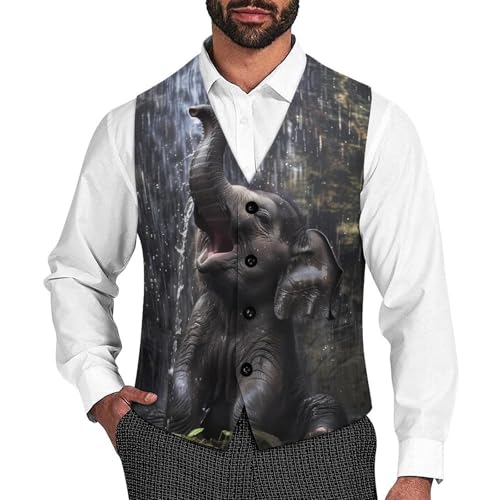 Elephant Under Waterfall Men's Suit Vests Business Formal Dress V-Neck Waistcoat Tops with 2 Pockets