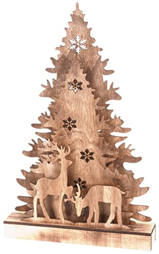 Image of Muddy Hands Wooden LED Light Up Christmas Decoration - Rustic Lighted Christmas Tree with Reindeer Scene, Battery Operated Warm White Lights, Festive Holiday Ornament for Home, Mantel & Table Display