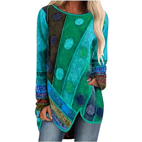 ANHATUIV Camisetas de manga larga para mujer, talla grande, cuello redondo, estilo étnico, estampado, jersey elegante, blusa larga con dobladillo irregular, ajuste holgado, túnica vintage, camisa