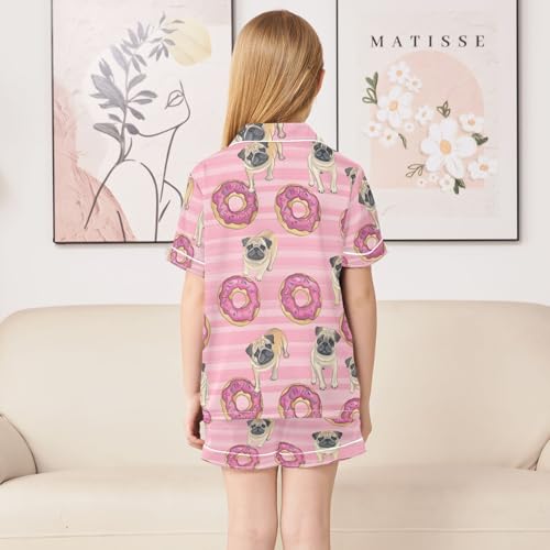 ALAZA Pug Dog Striped Donuts Pajamas Satin Pajama Set Short Sleeve Button Down Sleepwear4
