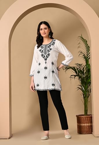 Image of LIBOZA Women's Chikankari Embroidered Short Kurti, Rayon Fabric, Three-Quarter Sleeves, Available in Pink, Black, Mustard Yellow, White, Pista and Green