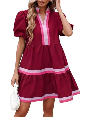 Image of LifeShe Womens Puff Sleeve Babydoll Dress V Neck Navy Blue Striped Color Block Tiered Mini Dresses