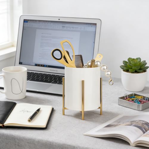 Pot de rangement en céramique blanche et son support doré élégant