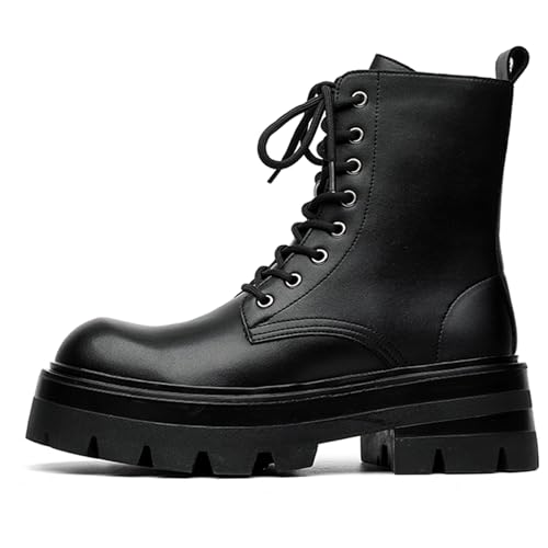 Men's Black Leather Lace-up Platform Combat Boots Retro Round Toe Side Zipper Chunky Heel Lug Sole Comfort Non-Slip High Top Biker Ankle Boot3