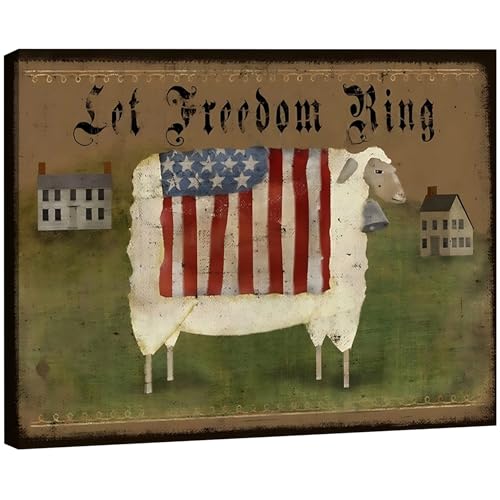 Image of RIBNTAK Americana Farmhouse Canvas Wall Art, Rustic God Bless America Sheep Pictures with USA Flag Artwork Patriotic Country Decor for Living Room Entryway Bedroom
