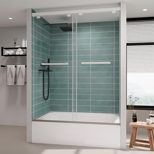 ROOMTEC Frameless Bathtub Shower Doors 54-60 W x 60 H, Double Sliding Tub Shower Door with Tempered Glass 5/16'(8mm), Duty Stainless Steel Hardwares, Matte Black