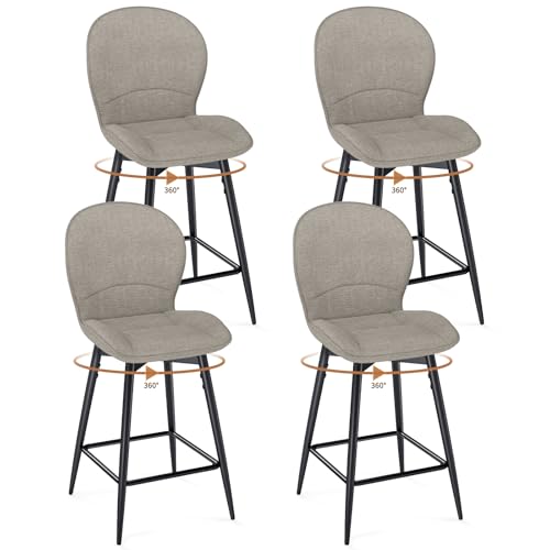 LEWE Juego de 4 Taburetes Altos de Bar, 65 cm Altura del Asiento, Giratorio 360° Sillas Altas de Cocina con Respaldo Acolchado de Tela, Metálica Reposapiés, para Comedor, Salón-Moca