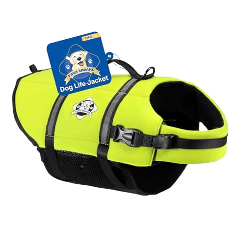 Paws Aboard Dog Life Jacket - Swimming Vest for Dogs, Adjustable, Reflective, Comfortable, Multiple Colors, Patterns, XX-Small to Extra Large Dog Swim Vest with Handle (Neon Yellow, Small)