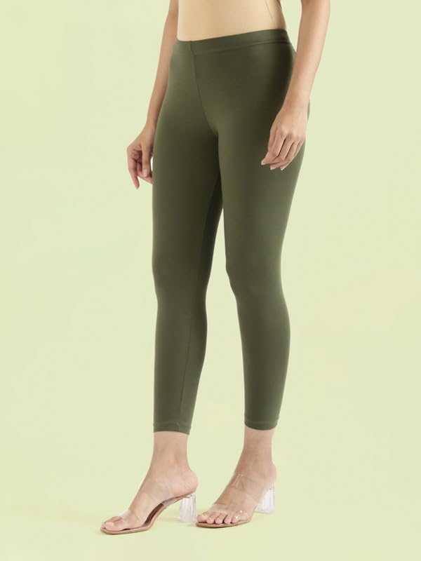 Image of GO COLORS Soft Cotton Stretch Cropped Leggings for Women | Breathable, Mid Rise, Olive Green