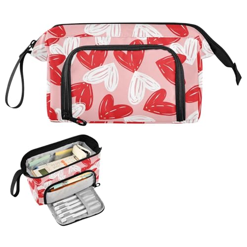 Image of Bolaz Big Capacity Pencil Pen Case Pouch Bag School College Office Organizer for Teens Girls Adults Student-Valentine's Day Red White Hearts on Pink