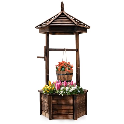 HAPPYGRILL Wood Wishing Well Planter Wishing Well Fountain w/Adjustable Hanging Bucket & Open-Ended Base Garden Wells for Outside Backyard Lawn Patio Decor