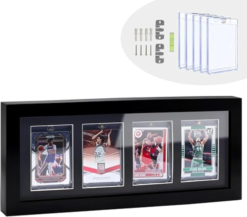 4Grids Trading Cards Display Frame, 100% Solid Wood Frame with 4 Pieces Magnetic Card Holder for Football, Basketball, Hockey Collector Cards(Standard Cards, Black)