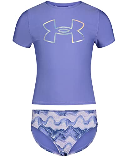 Image of Under Armour Girl's Short Sleeve Rashguard Surf Shirt and Swim Bottoms Set, UPF 50+ Sun Protection, Quick-Dry Bathing Suit