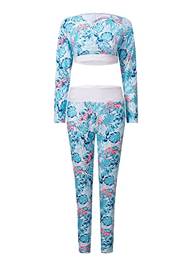 TTAO Bañador de 2 piezas para mujer, protección solar, diseño ovalado, espalda con estampado de flores, bikini de manga larga + pantalones largos S-XXL turquesa XL