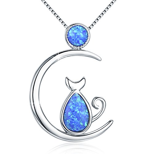 Cuoka Cat Necklace, Cat Jewelry 925 Sterling Silver Cat Gift for Cat Lovers Cat Pendant Opal Necklace for Women (B-Blue)