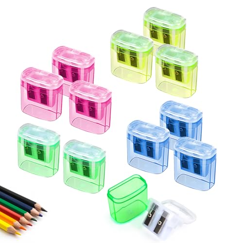 12 Pcs Sacapuntas con Deposito, ELEPRUC Sacapuntas Manuales Portátiles, Sacapuntas de Doble Agujero, Pencil Sharpener para Niños, Estudiantes, Escuela, Hogar, Oficina