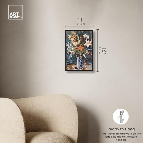 Image of Art Remedy Blue Floral Vase Canvas Floral Vase Wall Art, Black Frame, 10 inch x 15 inch