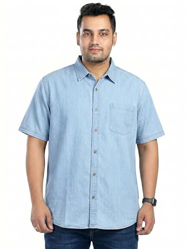 Image of Pluss Tribe - Men's Plus Size Denim Shirt | Blue Casual Half Sleeve Shirt for Men | Soft Washed Cotton Denim Fabric | Regular Fit Button-Down Summer Shirt with Pocket - 4XL to 7XL