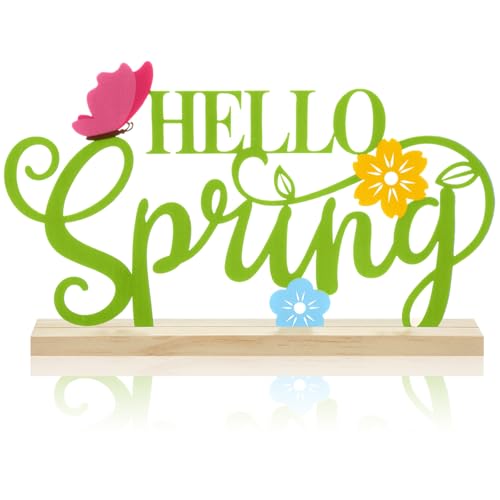 Roowest Hello Spring Metal Sign with Wooden Base Spring Flower Butterfly Table Top Centerpiece Rustic Holiday Tiered Tray Decor for Home Office Desk Shelf Mantel Fireplace Indoor Party Decoration Gift