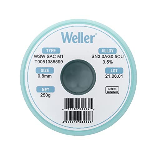 Image of Weller WSW SAC M1 (T0051388599) Lead Free Solder Wire, Dia: 0.8 mm / 0.039 in, Wt: 250 g / 8.818 oz, Alloy Sn96.5Ag3.0Cu0.5, Flux content 3.5%