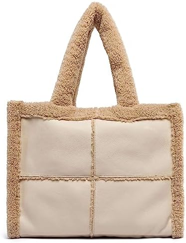 Like Dreams Large Sherpa Tote Bag, Inner Pocket Vegan Leather, Large Tote Hand bags for Women, Fashion Winter Purse