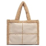 Like Dreams Large Sherpa Tote Bag, Inner Pocket Vegan Leather, Large Tote Hand bags for Women, Fashion Winter Purse (Ivory)