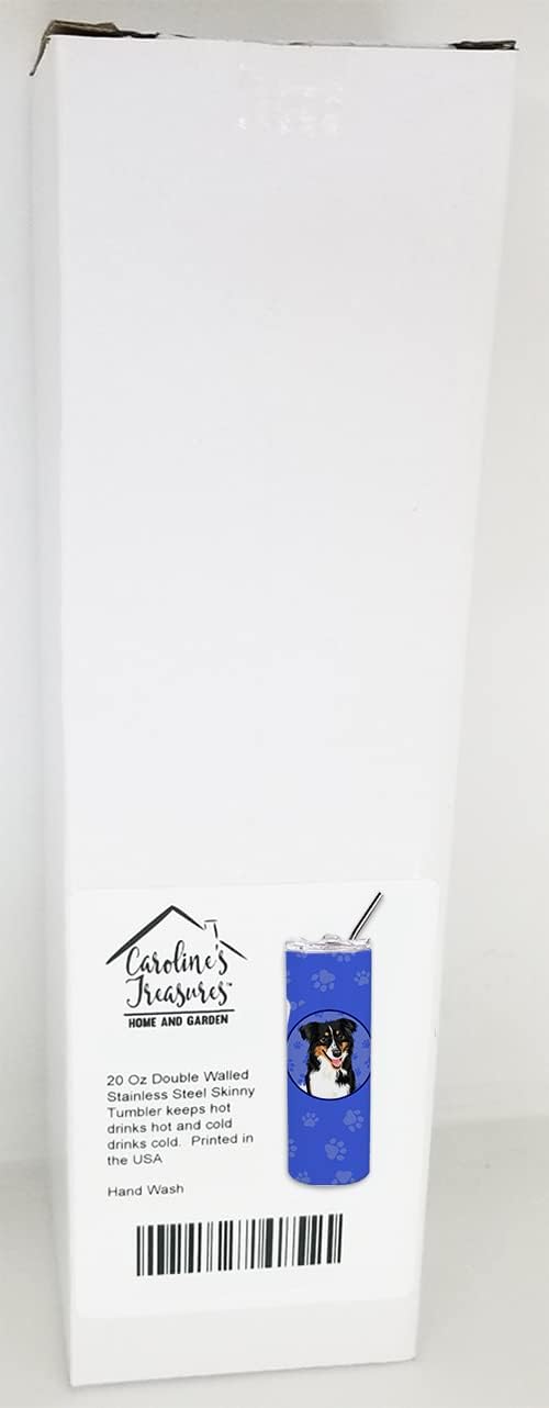 Caroline's Treasures WDK1003TBL20 Australian Shepherd Black Tricolor #3 Stainless Steel 20 oz Skinny Tumbler, Blue Vacuum Double Walled Reusable Insulated Tumbler Travel Cup for Coffee Cocktails Gift