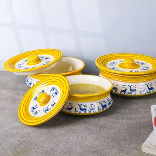 Image of Niyara Blue Deer Design Ceramic Casserole with Yellow Line Border | Multipurpose Serving Bowl with Lid | Microwave Safe (Set of 3, Sizes: 1000ML, 650ML, 550ML)