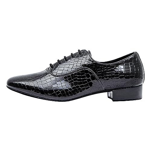 Linodes Men's Latin Dance Shoes 1 Inch Leather Sole Ballroom Salsa Tango Waltz Character Shoe-Black Patent Croco2