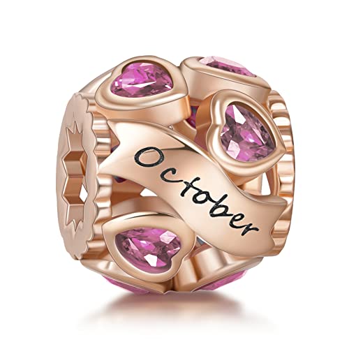Image of NINGAN October Birthstone Charms Rose Gold 925 Sterling Silver Love Heart Bead for Charm Bracelets and Necklaces with 5A Cubic Zirconia, Birthday Gifts